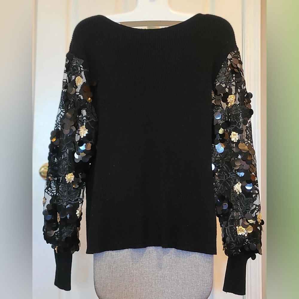 Sioni Black Sweater with Floral Embellished Sleeves